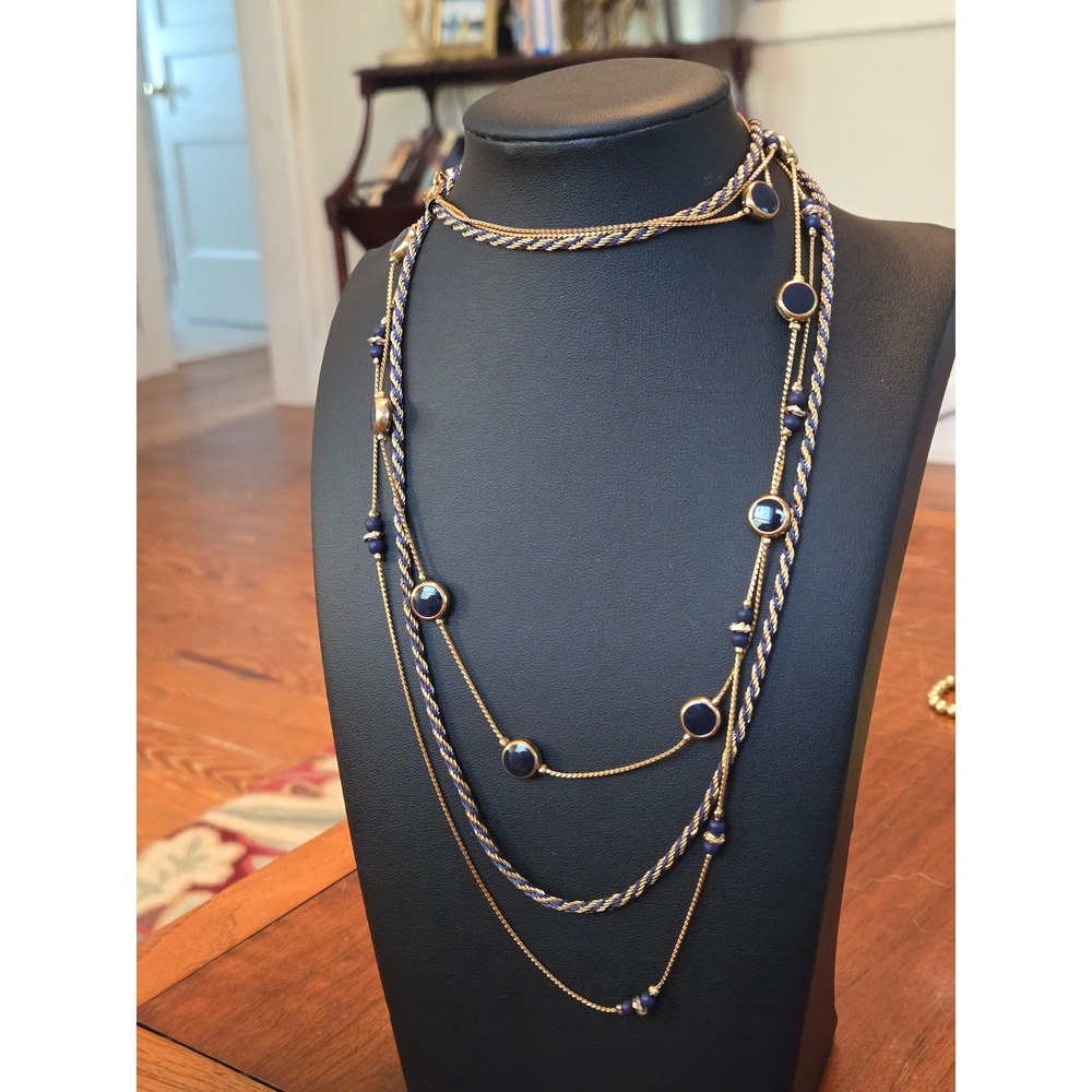 Multistrand Goldtone Station Necklace Black or Blue Enamel Vintage